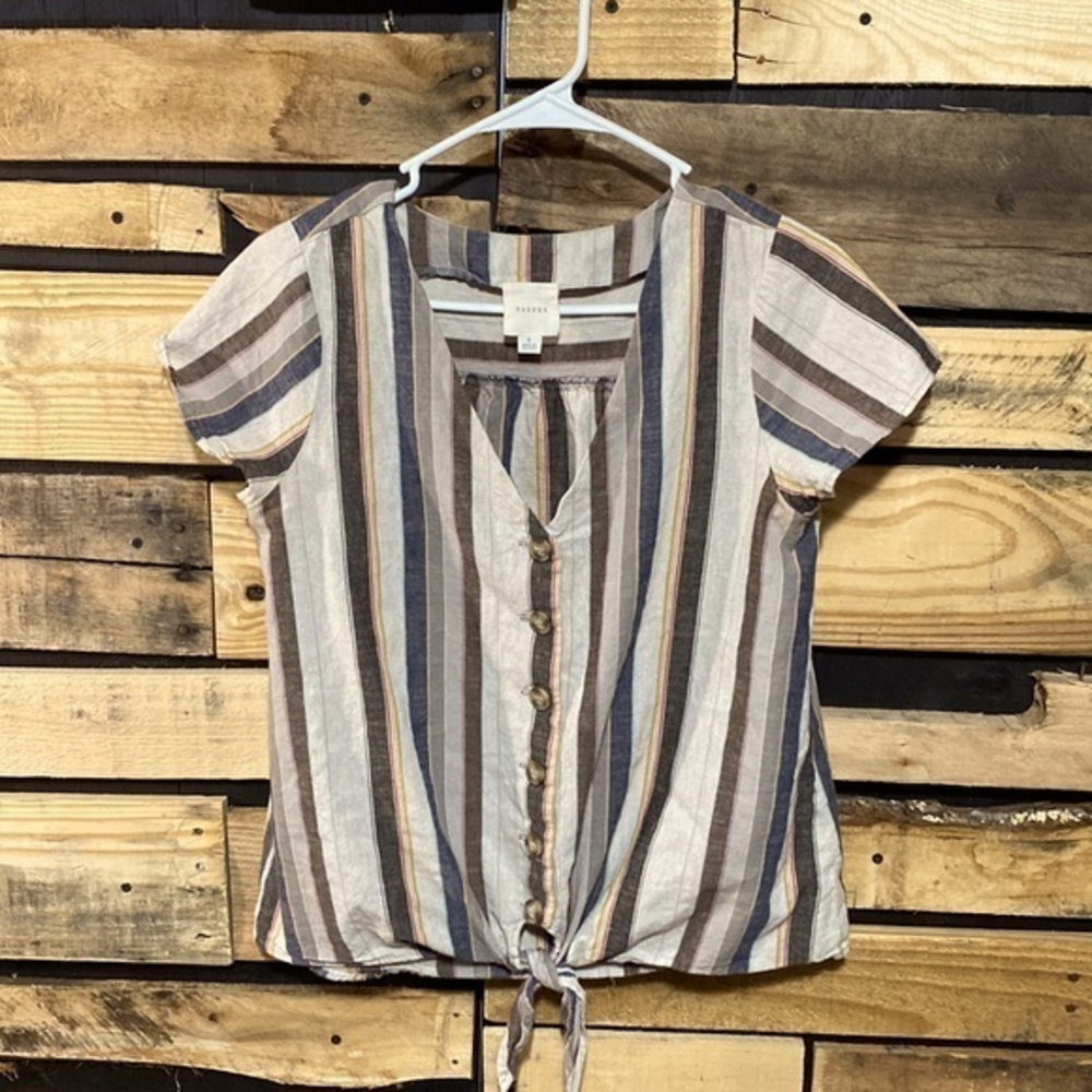 Harper Striped Boho Button Up‎ Tie Knot Front Shirt Short Sleeves Womens Size S